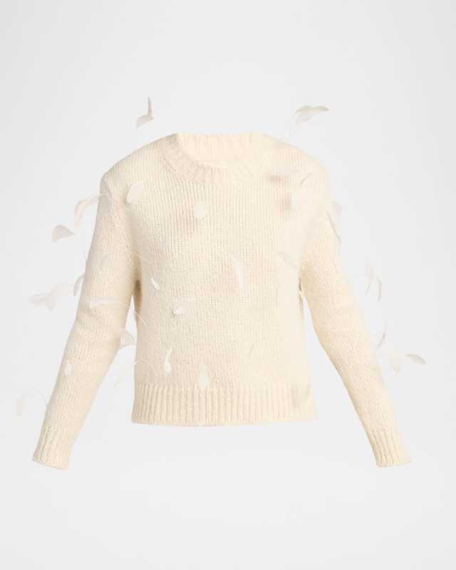 Feather-Trim Shrunken Wool Crewneck Sweater